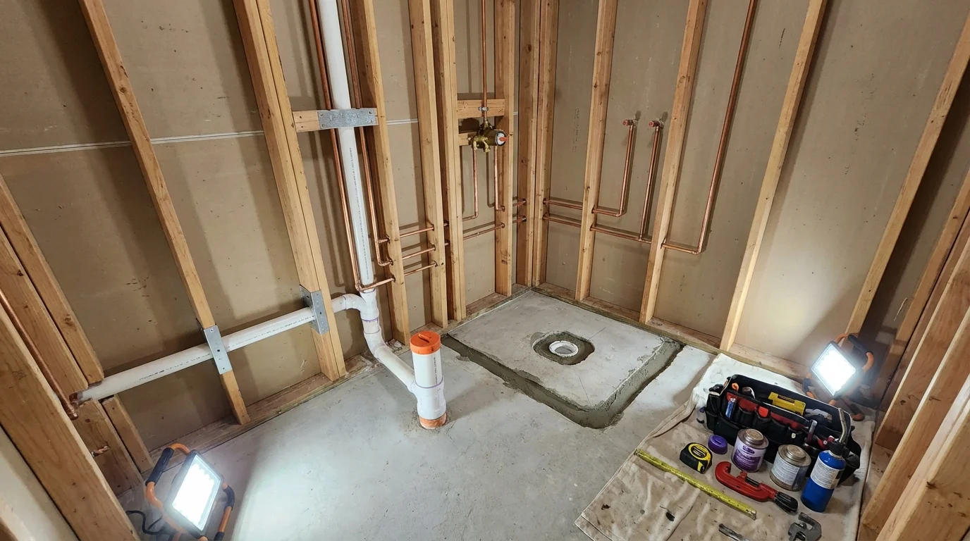 Bathroom rough-in plumbing during remodel by Johns Plumbing LLC in Biola