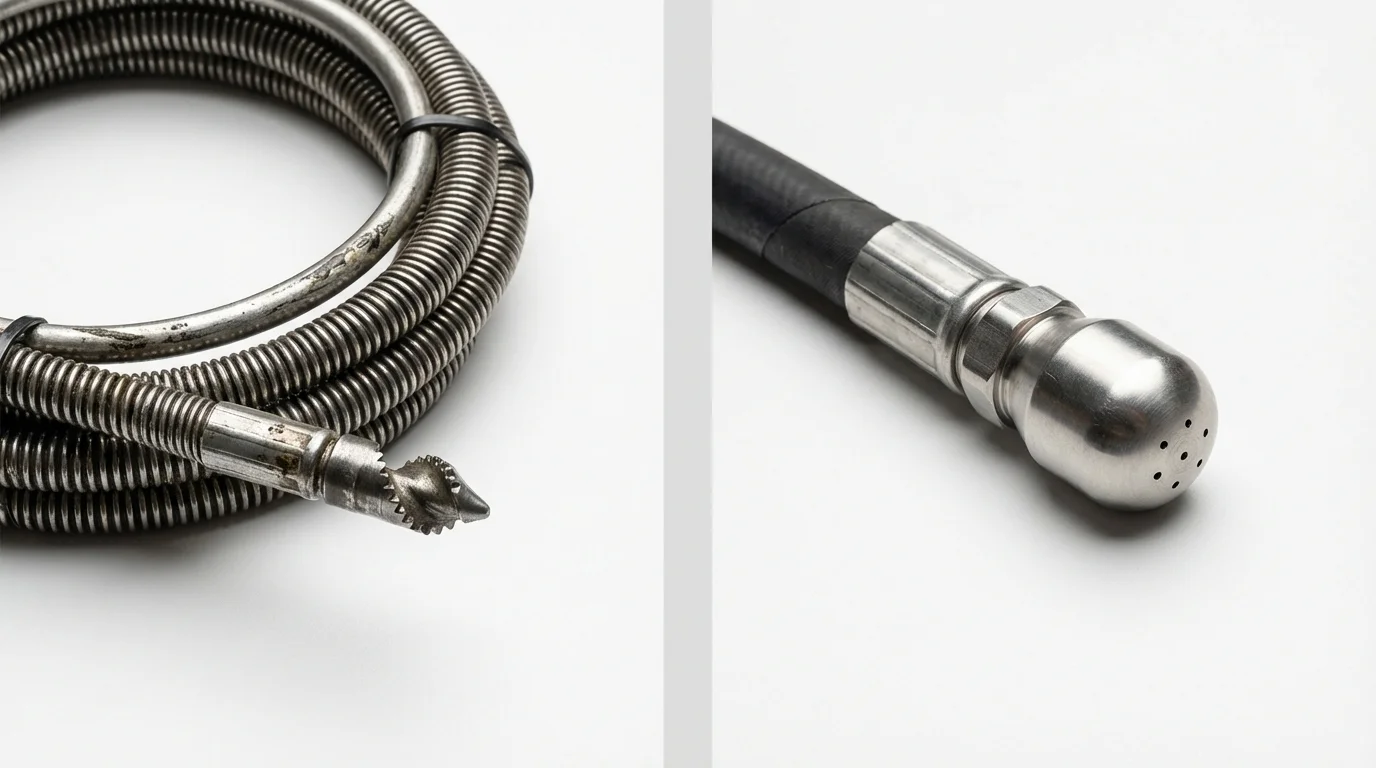 Drain snake cable and hydro jetting nozzle used for drain cleaning in Biola, CA