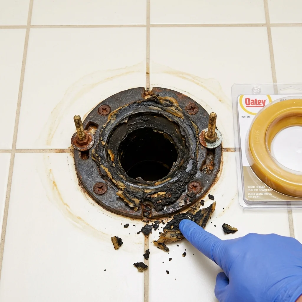 Failed wax ring showing water seepage at the base of a toilet in a Biola, CA home