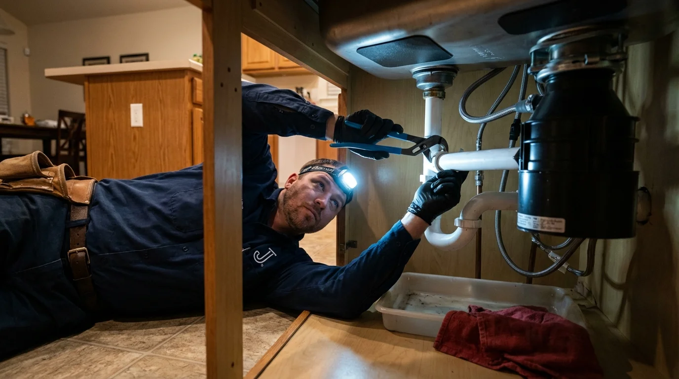 P-trap and supply line connections under a kitchen sink showing a common leak point in Biola, CA